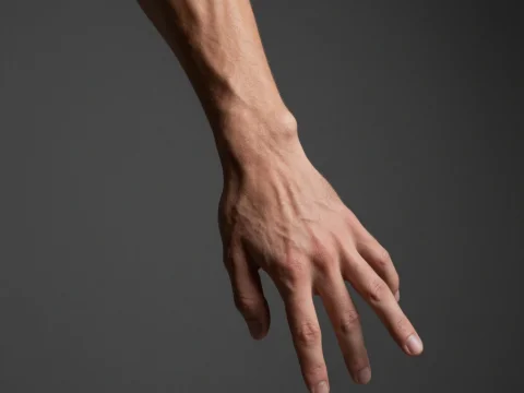 Realistic Male Hand Grasping Downward Against Gray Background