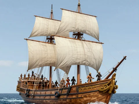 Realistic Mongol Warrior Ship Sailing on the Ocean