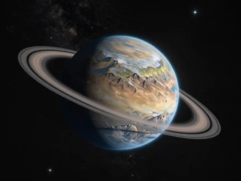 Realistic Mountainous Planet with Rings in Space