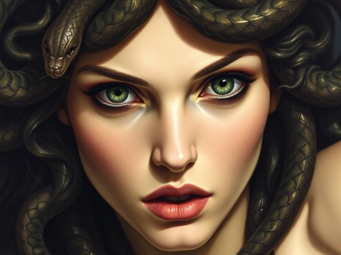 Realistic Oil Painting of Medusa with Intense Green Eyes
