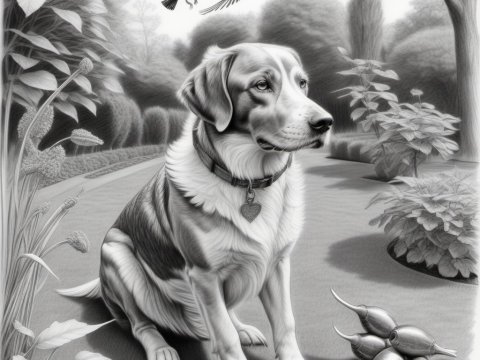 Realistic Pencil Drawing of a Dog in a Garden