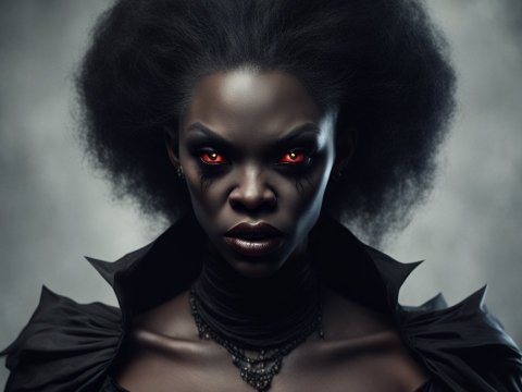 Realistic Portrait of a Black Vampire with Fiery Red Eyes