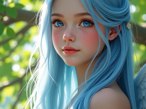 Realistic Portrait of a Blue-Haired Angelic Girl