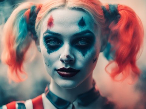 Realistic Portrait of a Clown with Red and Blue Makeup