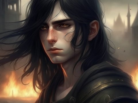 Realistic Portrait of a Dark-Haired Warrior Amidst Flames