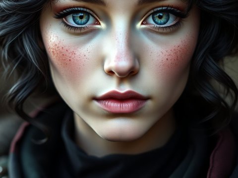 Realistic Portrait of a Dark-Haired Woman with Blue Eyes