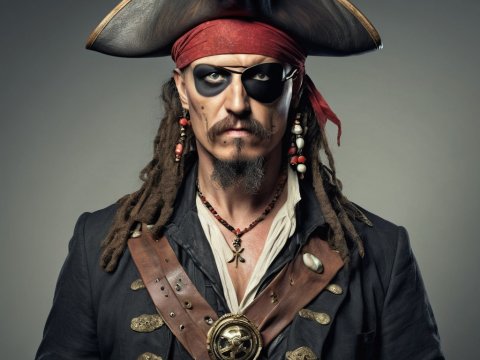 Realistic Portrait of a Fierce Pirate with Skull Hat