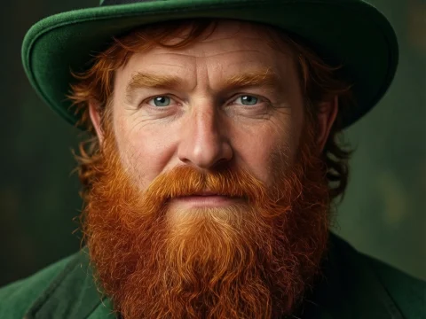 Realistic Portrait of a Red-Bearded Leprechaun in Green Hat