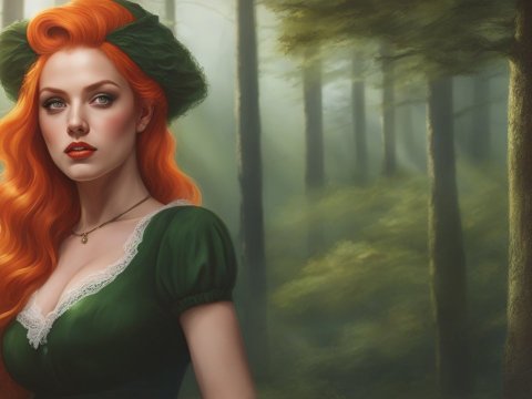 Realistic Portrait of a Red-Haired Woman in Forest