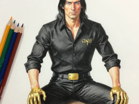Realistic Portrait of a Tall Man with Golden Hands