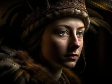 Realistic Portrait of a Woman in Feathered Headdress