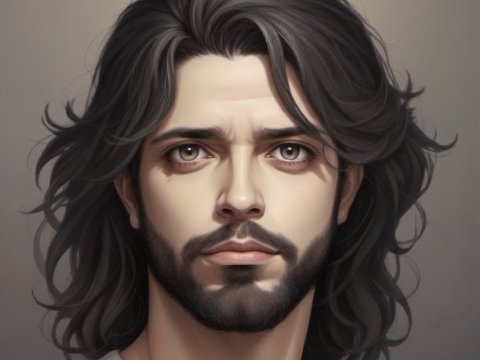 Realistic Portrait of a Young Man with Long Hair and Beard