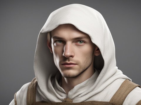 Realistic Portrait of a Young Medieval Villager in White Hood