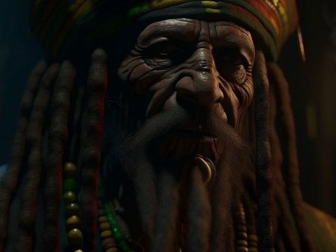 Realistic Portrait of an Elderly Man with Dreadlocks and Beads