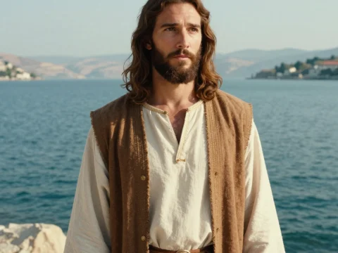Realistic Portrait of Jesus by the Sea