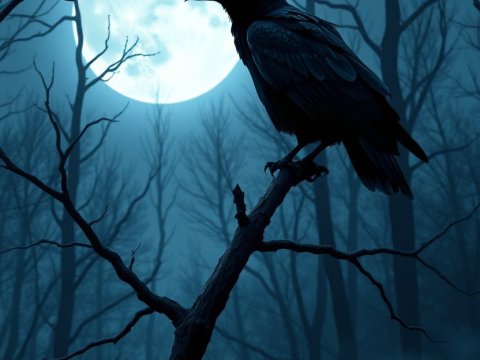 Realistic Raven Perched on Branch Under Full Moon
