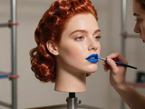 Realistic Red Curly Hair Mannequin Head with Blue Lipstick Application