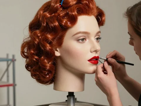 Realistic Red-Haired Mannequin Head with Makeup Artist