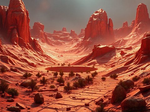 Realistic Red Rocky Desert Landscape with Circular Pit