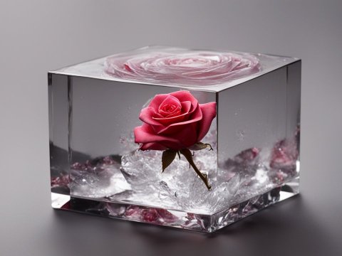 Realistic Rose Encased in Crystal Cube