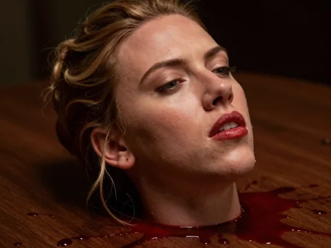 Realistic Severed Head on Wooden Surface with Blood