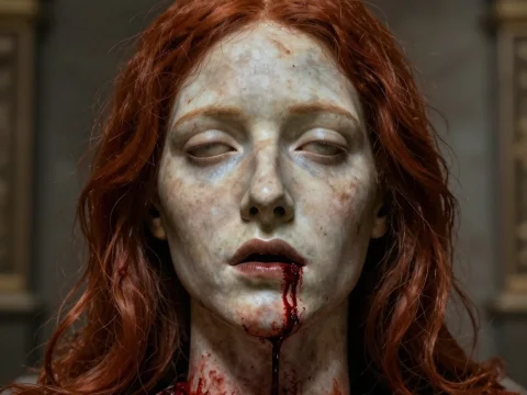 Realistic Severed Head with Blood on Altar