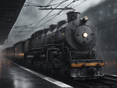 Realistic Steam Locomotive in Rainy Train Station