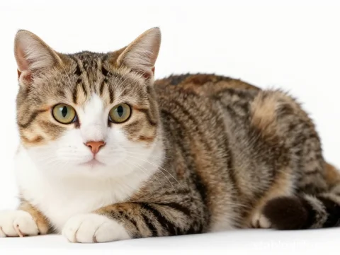 Realistic Tabby Cat Lying Down on White Background
