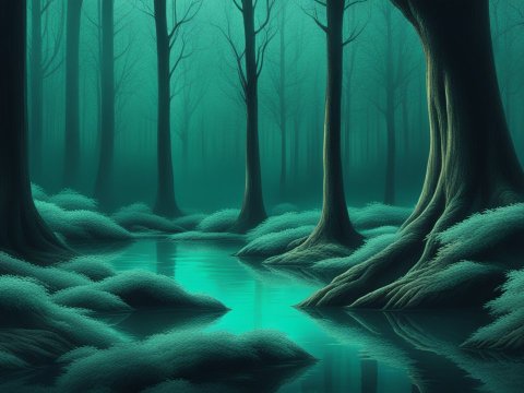 Realistic Teal Forest with Reflective Stream