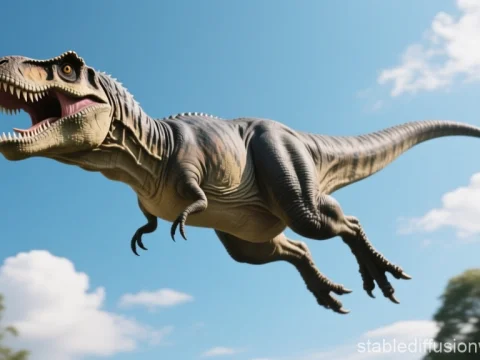 Realistic Tyrannosaurus Rex Leaping in Blue Sky