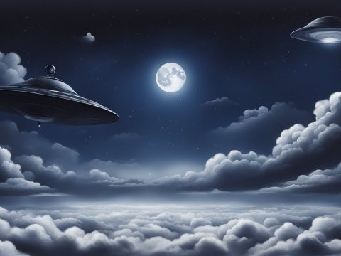 Realistic UFOs Hovering Over Cloudy Night Sky with Full Moon