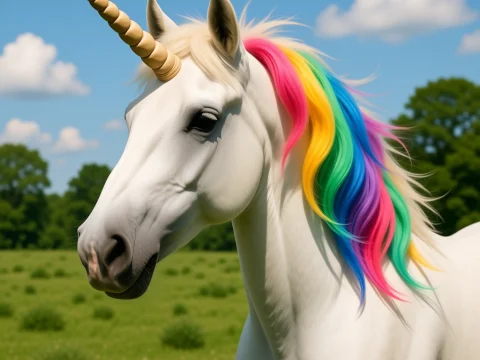 Realistic Unicorn with Rainbow Mane in Sunny Meadow
