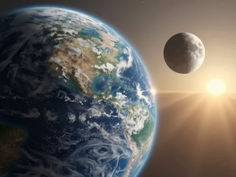 Realistic View of Earth, Moon, and Sun in Space