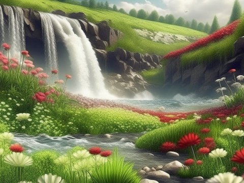 Realistic Waterfall and Flower Meadow Landscape