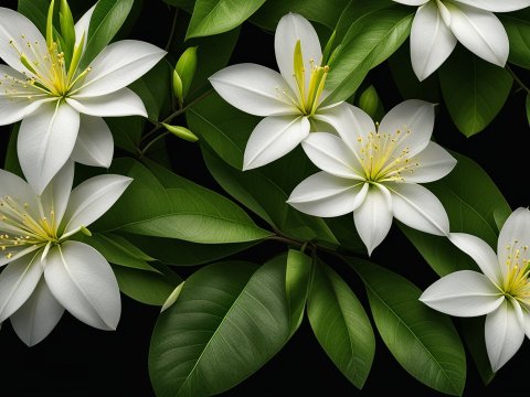 Realistic White Mango Flowers with Green Leaves on Black Background