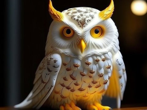 Realistic White Owl with Amber Eyes in Soft Light