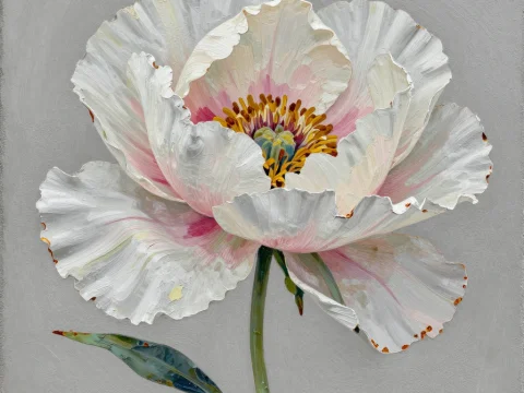 Realistic White Peony with Subtle Pink and Rust Details