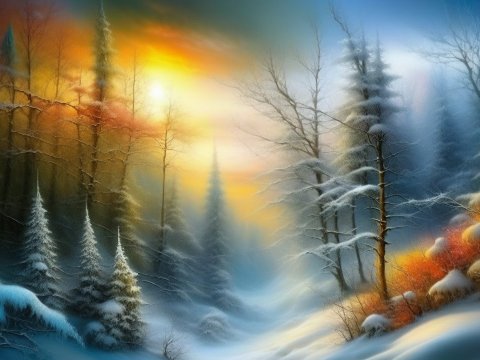 Realistic Winter Forest Landscape at Sunrise