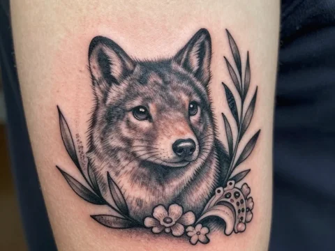 Realistic Wolf Tattoo with Floral Accents