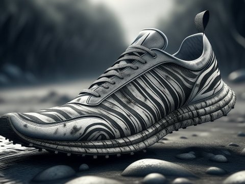 Realistic Zebra-Patterned Running Shoe on Rocky Ground