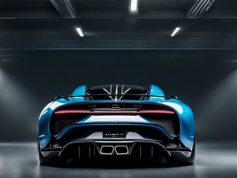 Rear View of Blue Bugatti Chiron in Modern Garage