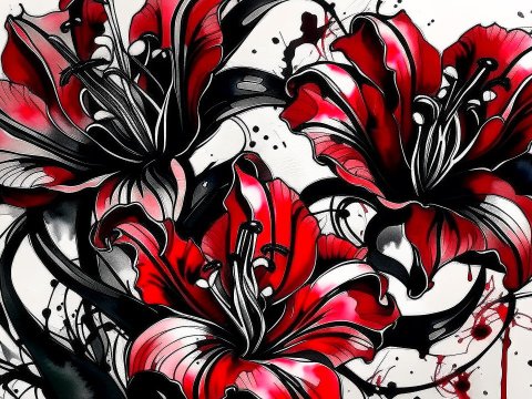 Red and Black Watercolor Lilies Tattoo Design