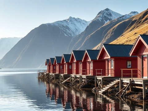Red Cabins by Tranquil Fjord with Snowy Mountains