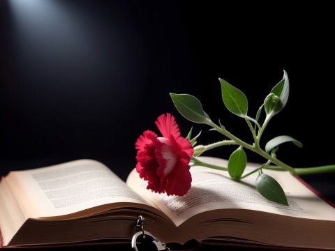 Red Carnation on Open Book with Handcuffs in Spotlight