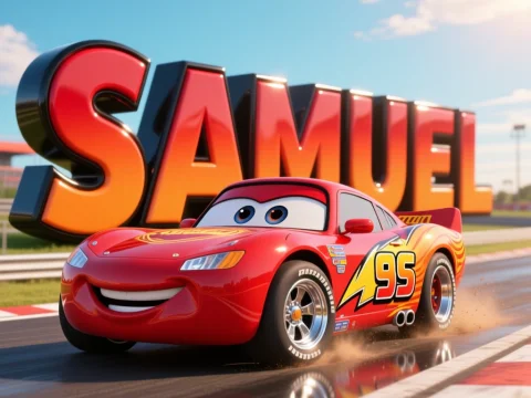 Red Cartoon Race Car with 'SAMUEL' in Bold Letters