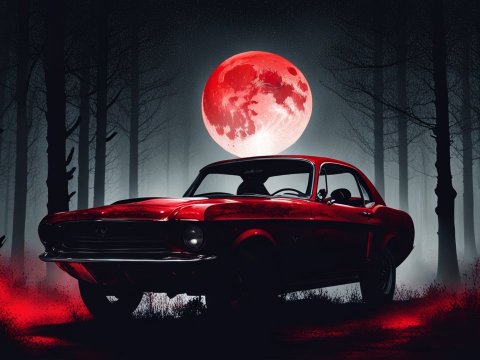 Red Classic Car Under a Blood Moon in a Dark Forest