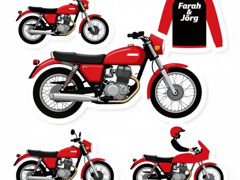 Red Classic Motorcycles and Rider Illustration Set