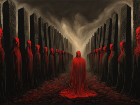 Red Cloaked Figures in a Dark, Surreal Corridor