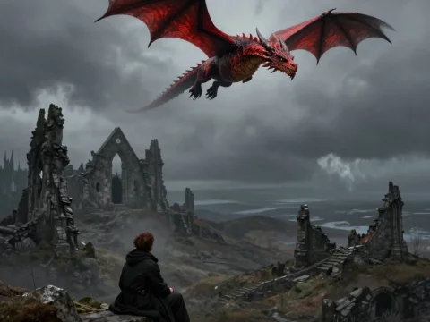 Red Dragon Soars Over Ruined Hills at Dusk