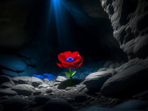 Red Flower Illuminated in a Dark Rocky Cave
